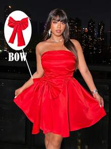 Allurite Plus Size Valentine's Day Strapless A-Line Dress With Plus Size Bow Decor For New Year Clothes