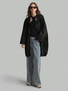 Ontre Stockholm Style, Teacher Outfits For Women,Fall Women Clothes,Women's Hooded Thin Lightweight Windbreaker Jacket, Oversized O-Shaped Design With Pockets, Casual Black Outdoor Ladies Coat, New Spring Collection 2025, Hooded Zip-Up Drawstring Hem