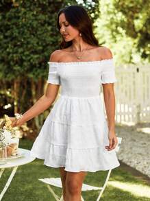 SHEIN VCAY Women's Elegant Off Shoulder Ruffle Hem Solid Summer Dress,For Summer Vacation - White - View 5