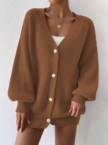 Chiquease Cárdigan informal de color liso con mangas farol, para otoño/invierno
