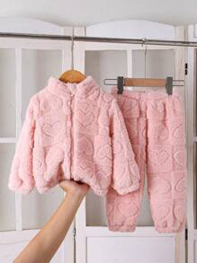 2pcs Baby Girls' Casual Heart-Checkered Fleece Jacket & Pants Set, Warm Winter Outfit With Cuffed Sleeve & Legs For Outdoor