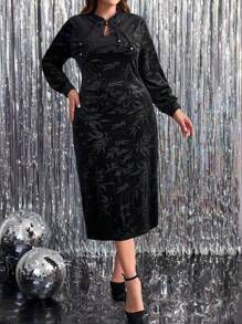 SHEIN Clasi Vestido casual largo de manga larga con cuello de felpa para mujeres de talla grande, vestido maxi estilo coreano para Navidad