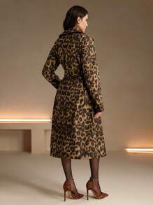 Anewsta Retro European & American Leopard Print Long Sleeve Slim Fit Trench Coat Overcoat - Multicolor - View 2