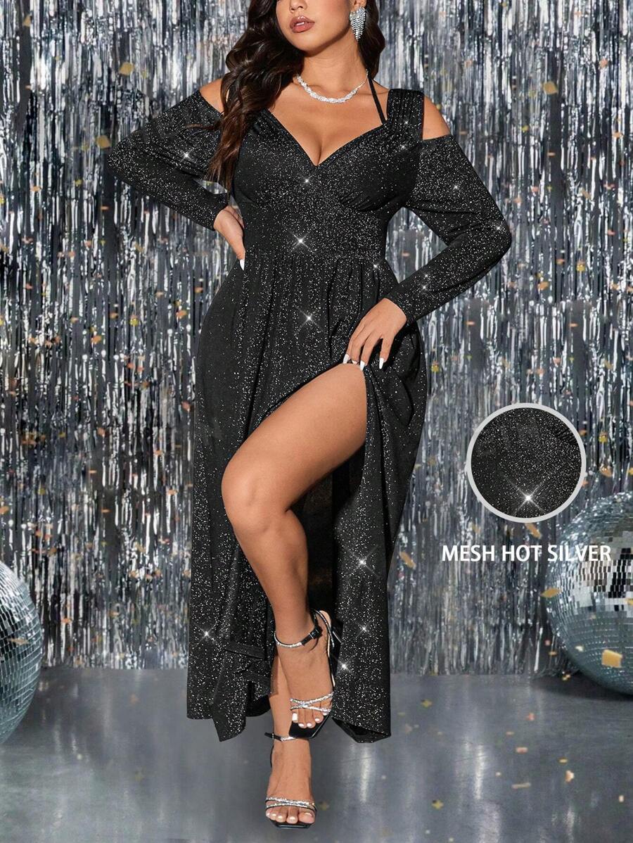 Celure Vestido elegante de fiesta con escote en V, hombros abiertos, cintura ceñida, corte evasé y bajo con abertura para mujeres de talla grande. Vestido largo de primavera/otoño para mujer