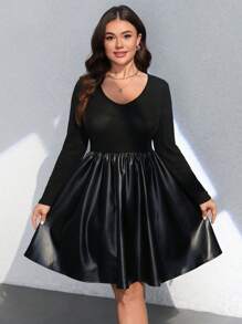 Flirla Plus Size PU Leather Patchwork Ribbed Long Sleeve Dress - Black - View 1