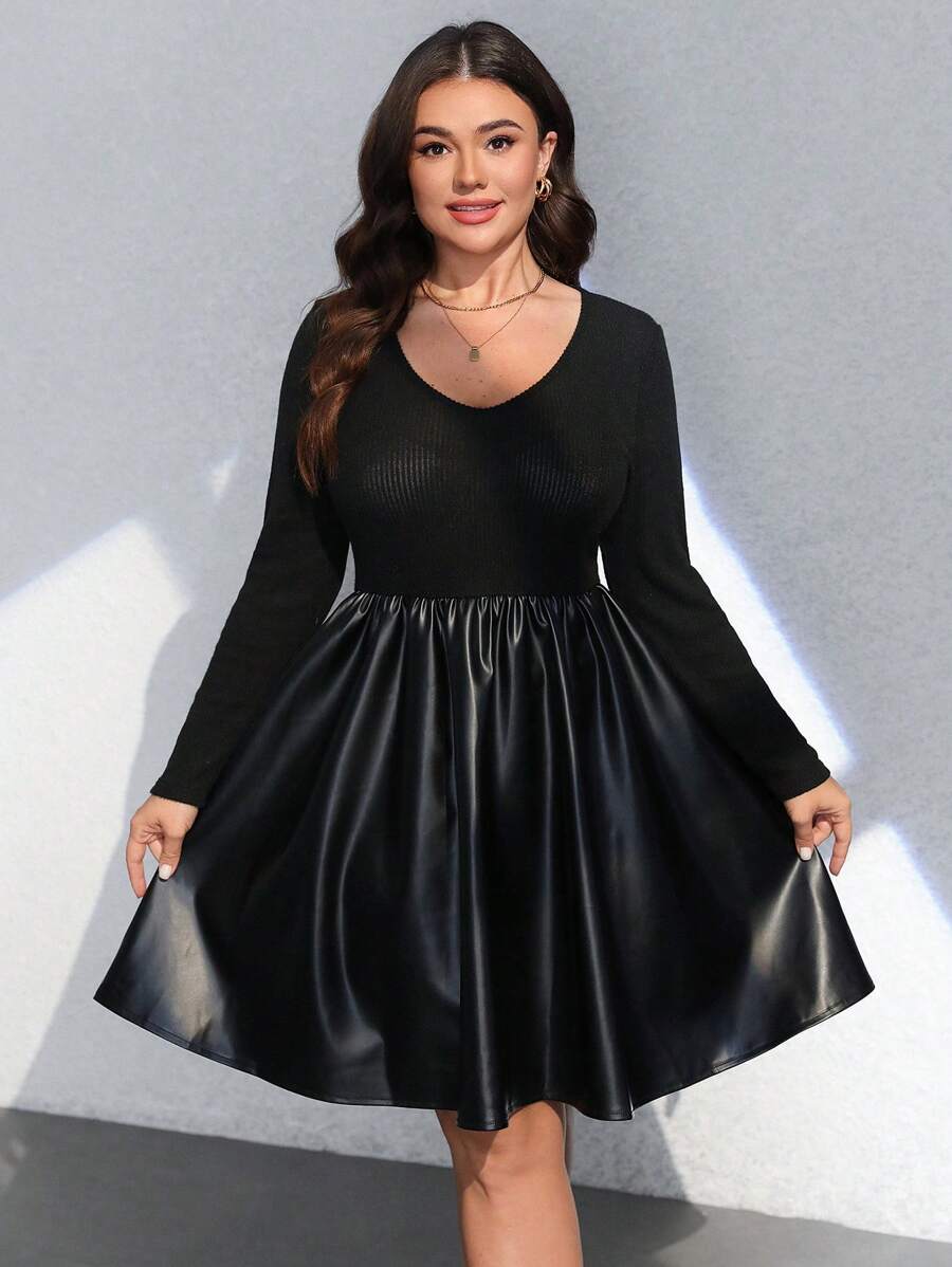 Flirla Plus Size PU Leather Patchwork Ribbed Long Sleeve Dress - Black - View 1