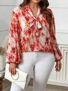 Franclia Plus Size Women Elegant Chiffon Printed Tie Front Blouse,Valentine