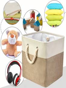 1PC Modern Simple Linen Patchwork Foldable Storage Box For Home Bedroom Living Room Toys Daily Necessities Laundry Square Folding Basket Large Capacity Handheld Organizer - Khaki - View 6