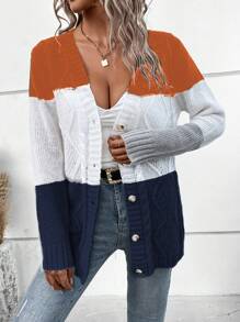 SHEIN LUNE Women's Button-Down V-Neck Long Sleeve Contrast Color Design Casual Cardigan - Multicolor - View 5