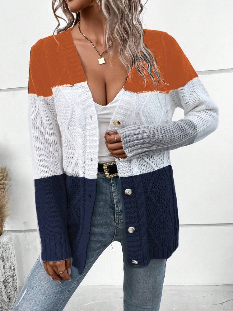 SHEIN LUNE Women's Button-Down V-Neck Long Sleeve Contrast Color Design Casual Cardigan - Multicolor - View 5