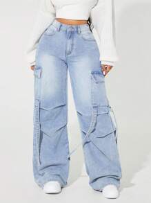 SHEIN SXY Jeans casuales con bolsillos, cierre con botones y cordón para mujer