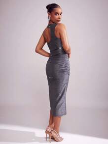 Hauture 不对称灰色金属无袖紧身女式冬季礼服 - 彩色 - 查看 3