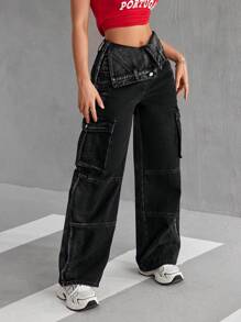 SHEIN EZwear Jeans casuales de cintura alta con bolsillos plegables y pierna ancha para mujeres