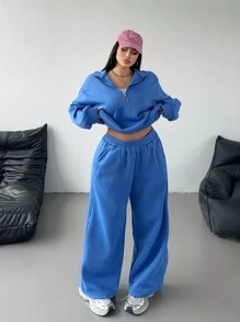 Vibekara Bộ đồ thường ngày dài tay có khóa kéo màu trơn cỡ lớn và quần - Xanh đậm - Xem 1