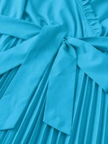 SHEIN LUNE Women's Casual Pleated Midi Dress With Ruffle Sleeve, Bowknot Waist, Vacation Style