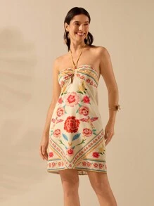 CAJUNI Women's Boho Floral Tropical Bird Print Hollow Halter Neck Short Dress, Vacation Casual Summer Beach Dress
