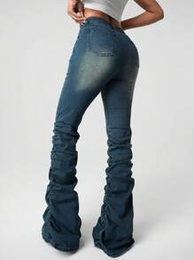 SHEIN ICON Quần Jeans Denim Co Giãn Lưng Thấp Đơn Giản Thường Ngày Y2K Cho Nữ Quần Jeans Rách Cạp Thấp Cho Nữ Quần Jeans Rách Cạp Thấp Cho Nữ - Rửa tối - Xem 2