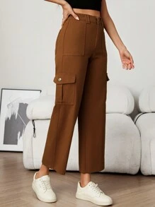 SHEIN PETITE 女式纯色前扣口袋简约休闲牛仔裤 - 鏽棕色 - 查看 3