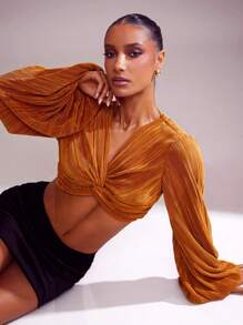 Hauture Pleated Satin Twist Detail Balloon Sleeve Crop Top, Holiday Party Top