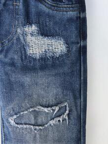 SHEIN Baby Boys' Medium Wash Distressed Patch & Embroidery Casual Denim Long Pants