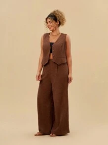 Travachic Plus Size 2pcs/Set Vest Cardigan And Wide Leg Pants Outfit