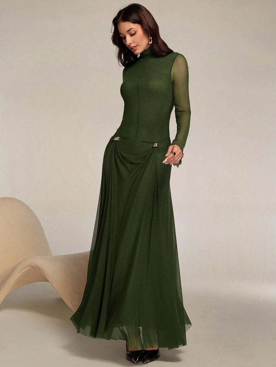 Modelyn Long Sleeve Ruffled Mesh Contrast Maxi Arabic Style Dress Long Evening Dresses - Army Green - View 1