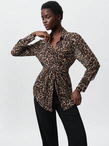 Aveloria Modichic Women Elegant Leopard Print Criss-Cross Design Flattering Versatile Fashion Long Sleeve Blouse, Suitable For Spring, Valentine's Day - Multicolor - View 5