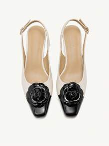 CUCCOO CHICEST Women's Autumn/Winter New Camellia Flower Colorblock Square Toe Chunky Heel Mid-Heel Elegant Sweet Retro White/Black Patent Leather/Faux Leather High Heel Pumps, Suitable For Formal, Date, Party, Office Wear