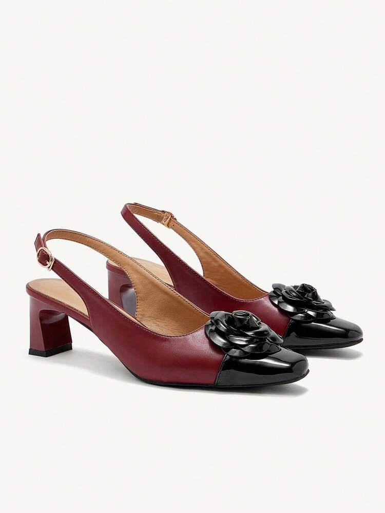 CUCCOO CHICEST Nouvelles chaussures à talons carrés épais à fleurs de camélias colorées pour femmes, automne/hiver. Talons moyens élégants et rétro,  enrobé bordeaux et noir. Convient pour les occasions formelles, le thé de l'après-midi, les rendez-vous, les soirées et le bureau.