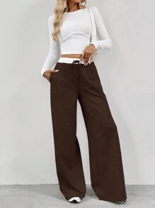 SHEIN Tall Women's Contrast Color Waist Wide Leg Pants