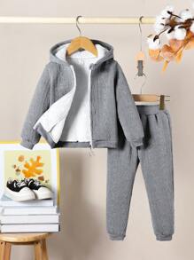SHEIN Set de 2 piezas de chaqueta de punto de jacquard y pantalones casuales para niña, para primavera/otoño