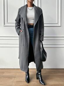 EURMUSE Dual Pocket Waterfall Collar Belted Overcoat - Dark Grey - View 1
