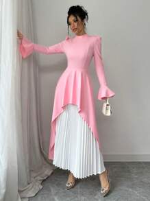 Elenzga 女式荷叶边撞色褶皱连衣裙，收腰超长款女装