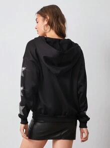 SHEIN EZwear Áo hoodie kéo khóa vai họa tiết ngôi sao đính đá thời trang thu đông - màu đen - Xem 2
