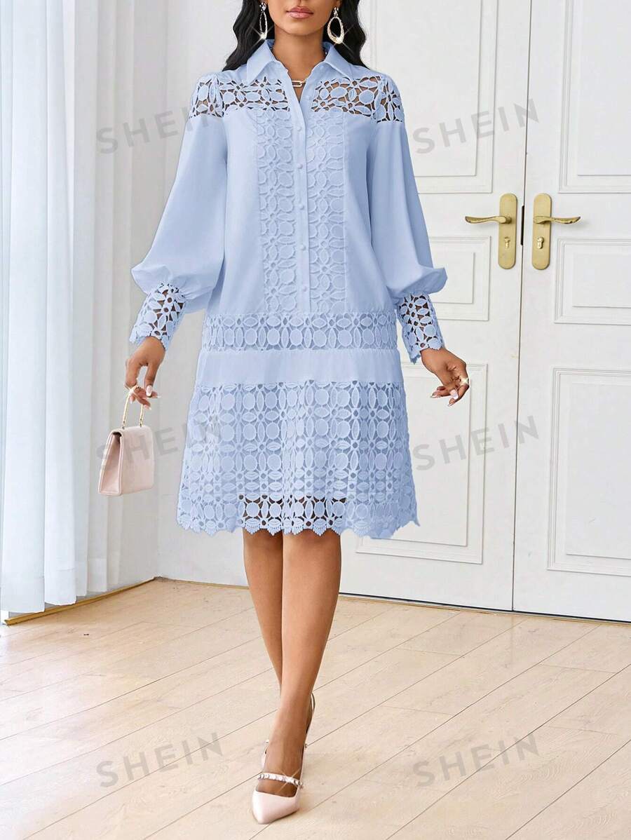 SHEIN Lady Vestido camisero elegante y casual de verano, de largo midi, con contraste de encaje blanco para mujer