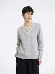 Aalyst Women's Solid Color Patchwork V-Neck Long Sleeve Casual Pullover Sweater