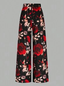 Rometta 大码高腰印花休闲裤，简约风格，适合日常穿着，情人节春季女装，情人节简约可爱节日服装，女士优雅阔腿裤 - 紅色 - 查看 2