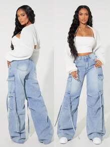 SHEIN SXY Jeans casuales con bolsillos, cierre con botones y cordón para mujer
