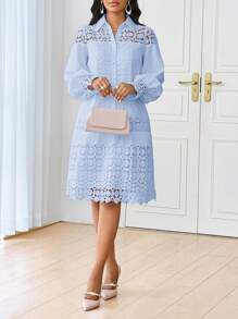 SHEIN Lady Vestido camisero elegante y casual de verano, de largo midi, con contraste de encaje blanco para mujer