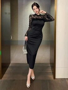 DAZY 女式中长款裹身裙，适合派对和场合，春秋季情人节长袖连衣裙 - 黑色 - 查看 2