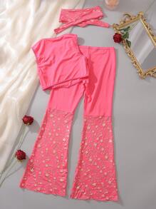 Penampilan Bintang Remaja Putri dengan Celana Panjang Model Flare dan Pita Lucu untuk Remaja Putri - Hot Pink - View 2