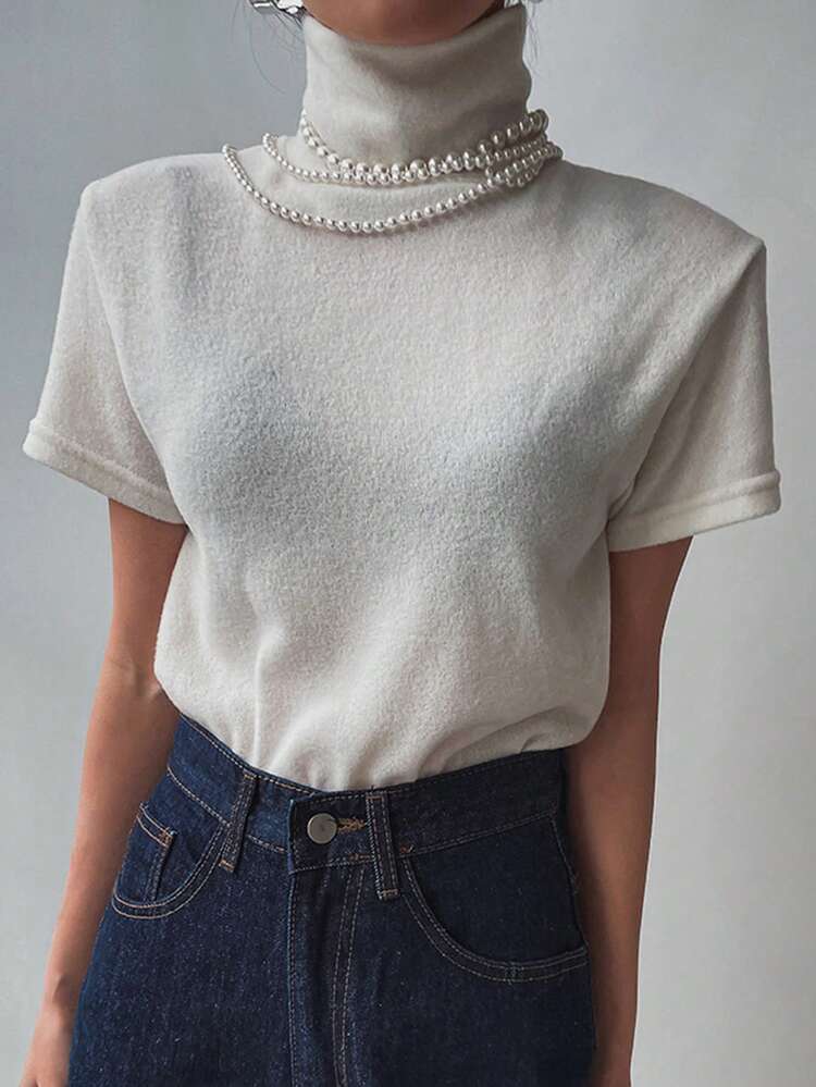 Women High Neck Form Fitting Short Sleeve T-Shirt, White, Spring/Summer