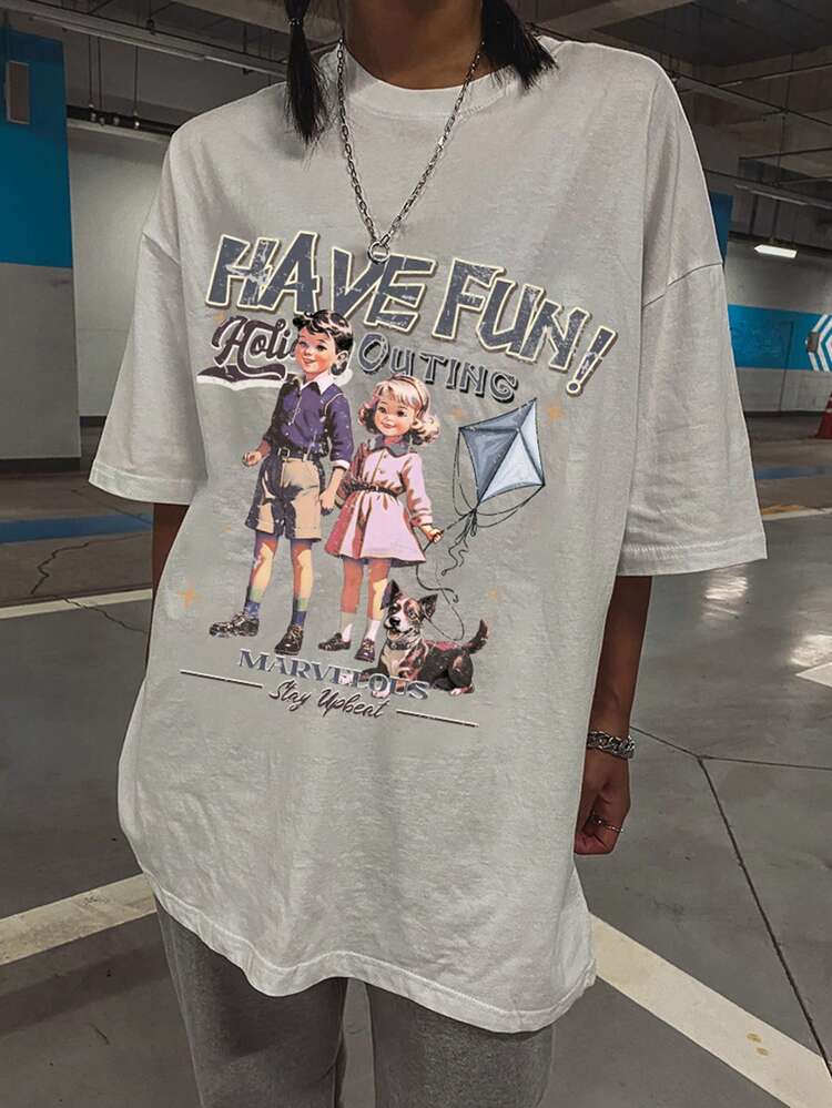 Women Oversized Cartoon Character & Letter Print White Short Sleeve T-Shirt, Spring/Summer Graphic Tee