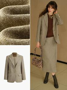 MOTF STUDIO HERRINGBONE PATTERN LAPEL COLLAR FLAP DETAIL BLAZER - Olive Green - View 2