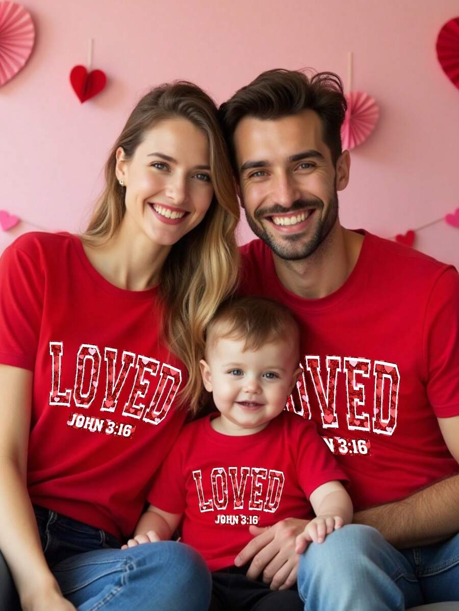 SHEIN Baby Boys Love Letter & Heart Print Short Sleeve T-Shirt, Valentine's Day Family Matching Outfits (Mommy And Me, 3 Pieces Sold Separately) - Burgundy - View 1