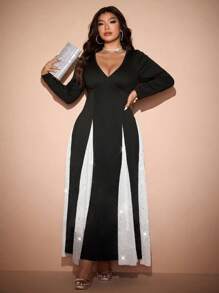 Allurite Vestido de punto de manga larga para mujer de talla grande con panel de encaje en la cintura, diseño de color block, para fiestas y eventos de noche, vestimenta maxi de mujer para otoño/invierno