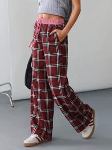 SHEIN Unity Valentinstag Frühling Klassisch Karomuster Patchwork Taillenbund Lässig Hose - Verschiedenfarbig - Übersicht 7