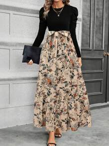 SHEIN Clasi Vestido de mujer de línea A con parche de hojas y lazo en el otoño - Multicolor - Ver 1