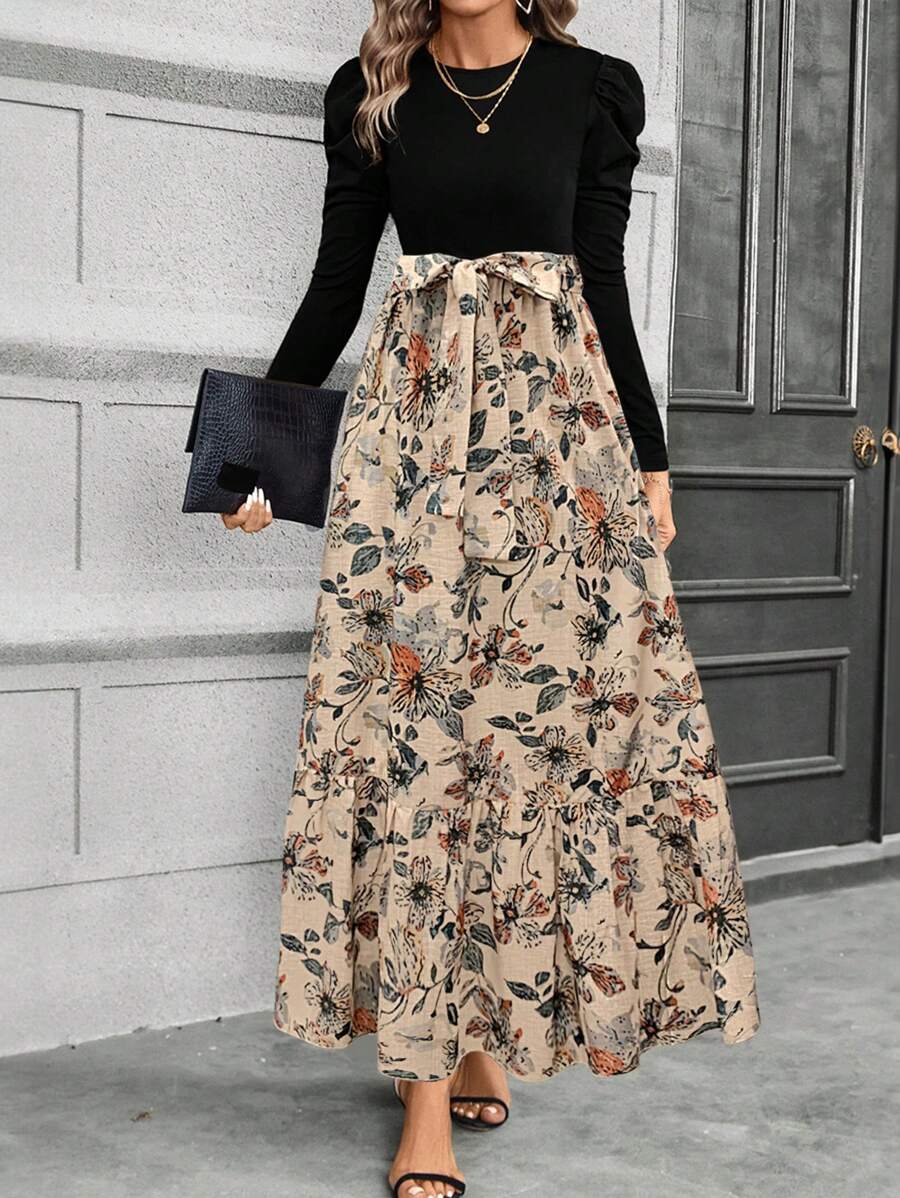 SHEIN Clasi Vestido de mujer de línea A con parche de hojas y lazo en el otoño - Multicolor - Ver 1