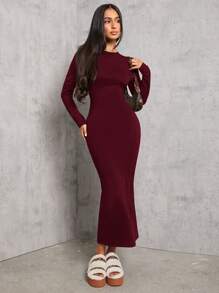 SHEIN PETITE Vestido de manga larga de unicolor negro con pliegues en la cintura